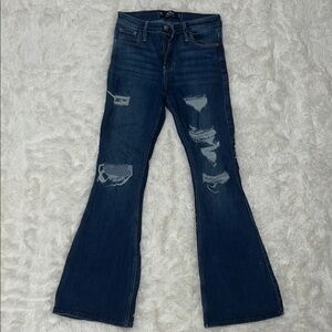 Hollister Blue Flare Wide Leg Jeans with Distressed Details